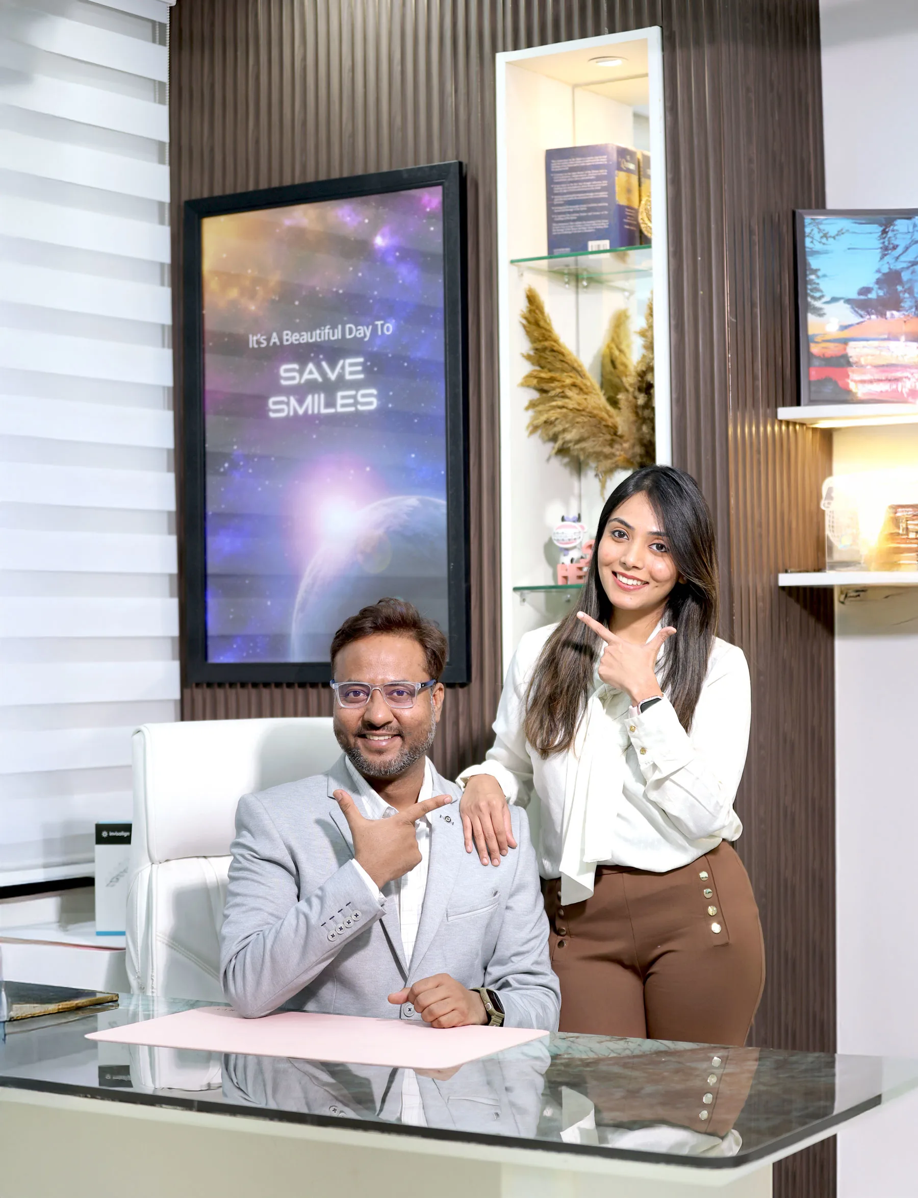 Dentist greeting a patient in a modern clinic